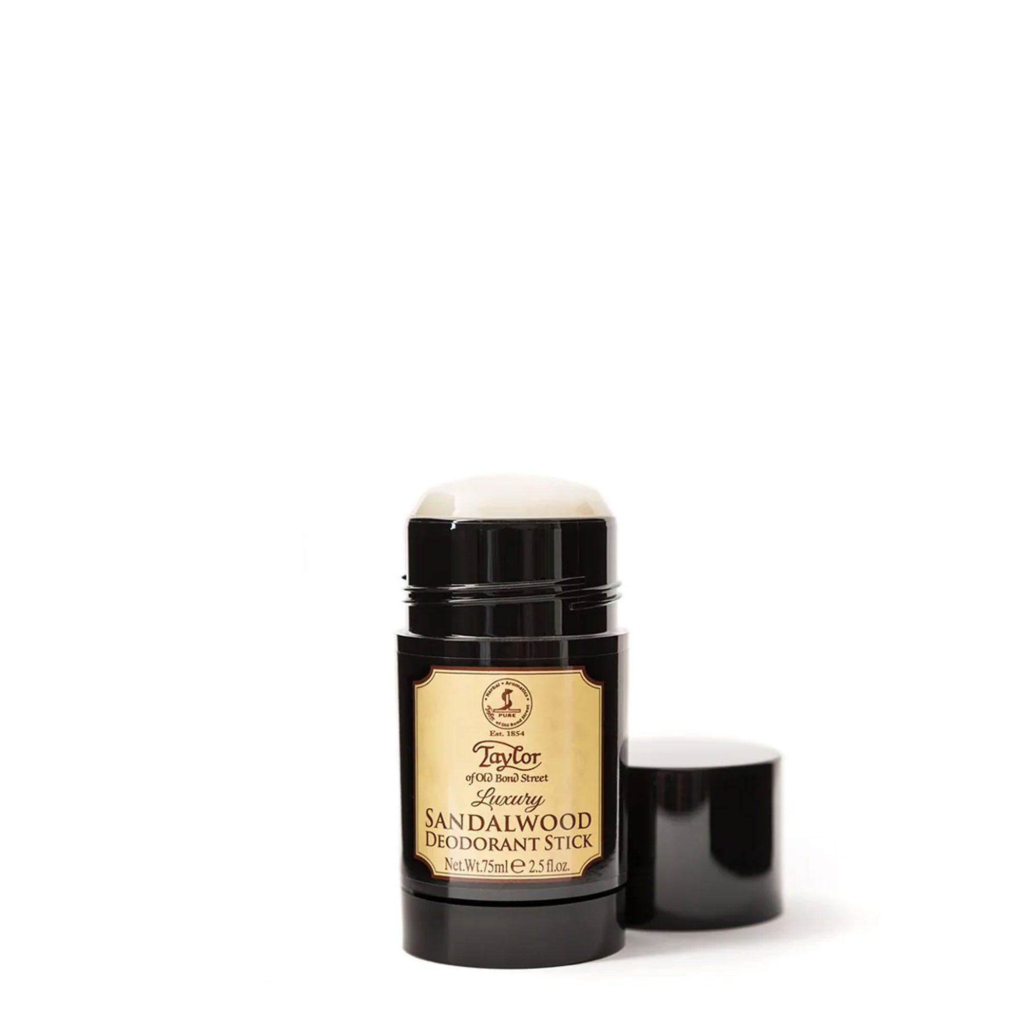 Sandalwood deodorant stick with black cap on a white background